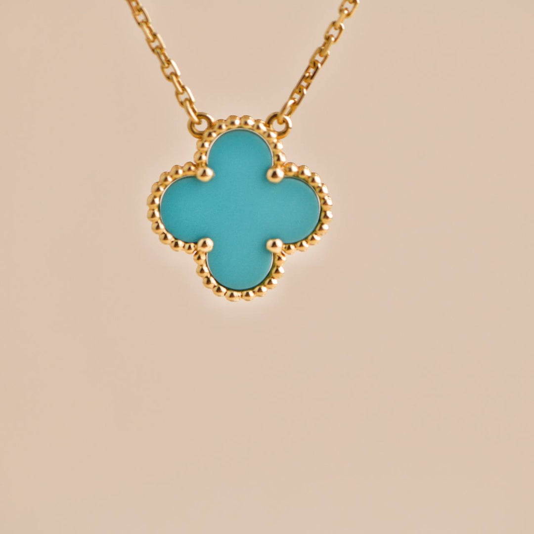 Pre-owned Van Cleef & Arpels Vintage Alhambra Turquoise Yellow Gold Pendant Necklace, luxurious jewellery piece