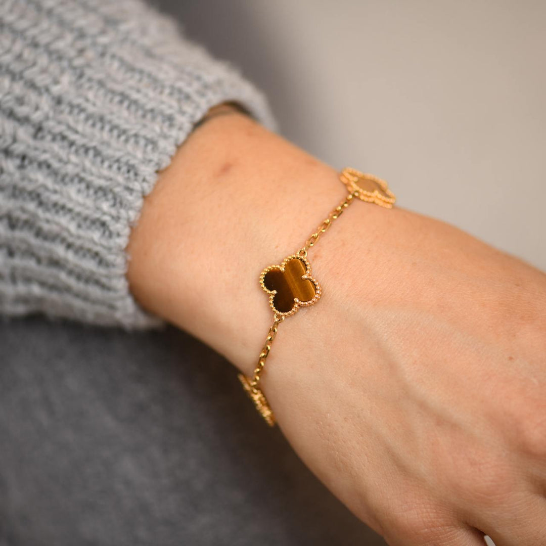 Used VCA Vintage Alhambra Tiger's Eye 5 Motif 18K Yellow Gold Bracelet