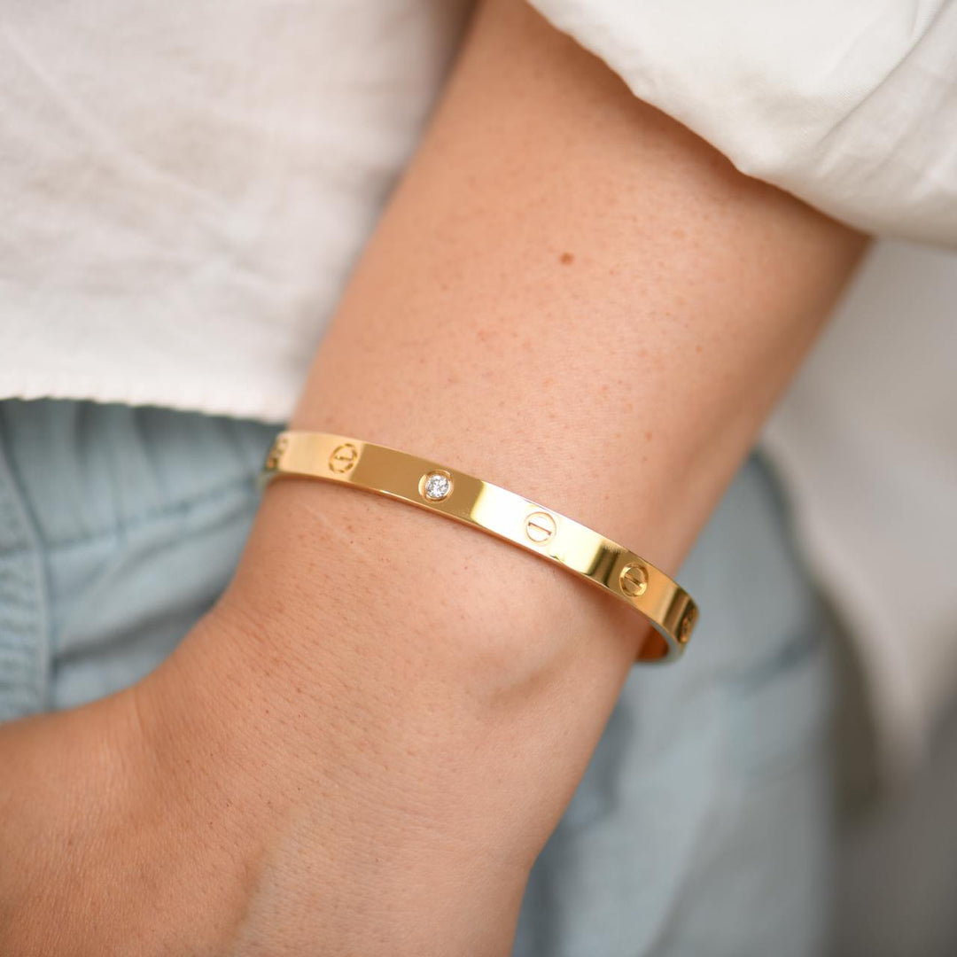 Preloved Cartier Love One Diamond 18K Yellow Gold Cuff Bracelet Size 18