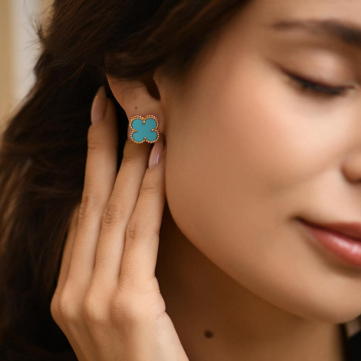Preloved Van Cleef & Arpels Vintage Alhambra Turquoise 18K Yellow Gold Earrings