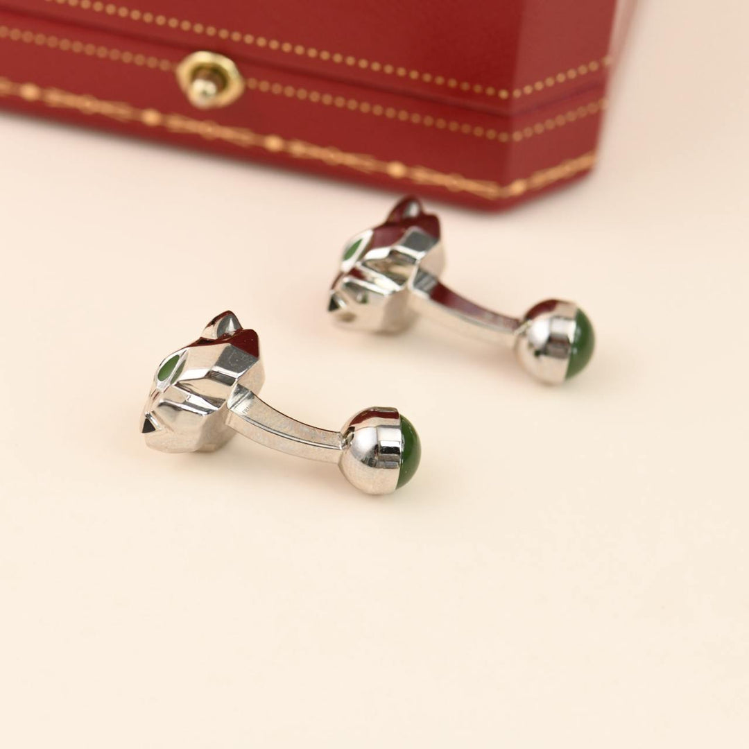 Cartier Panthère Green Jade Lacquer Sterling Silver Cufflinks