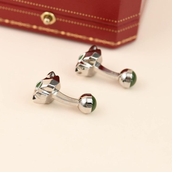 Cartier Panthère Green Jade Lacquer Sterling Silver Cufflinks