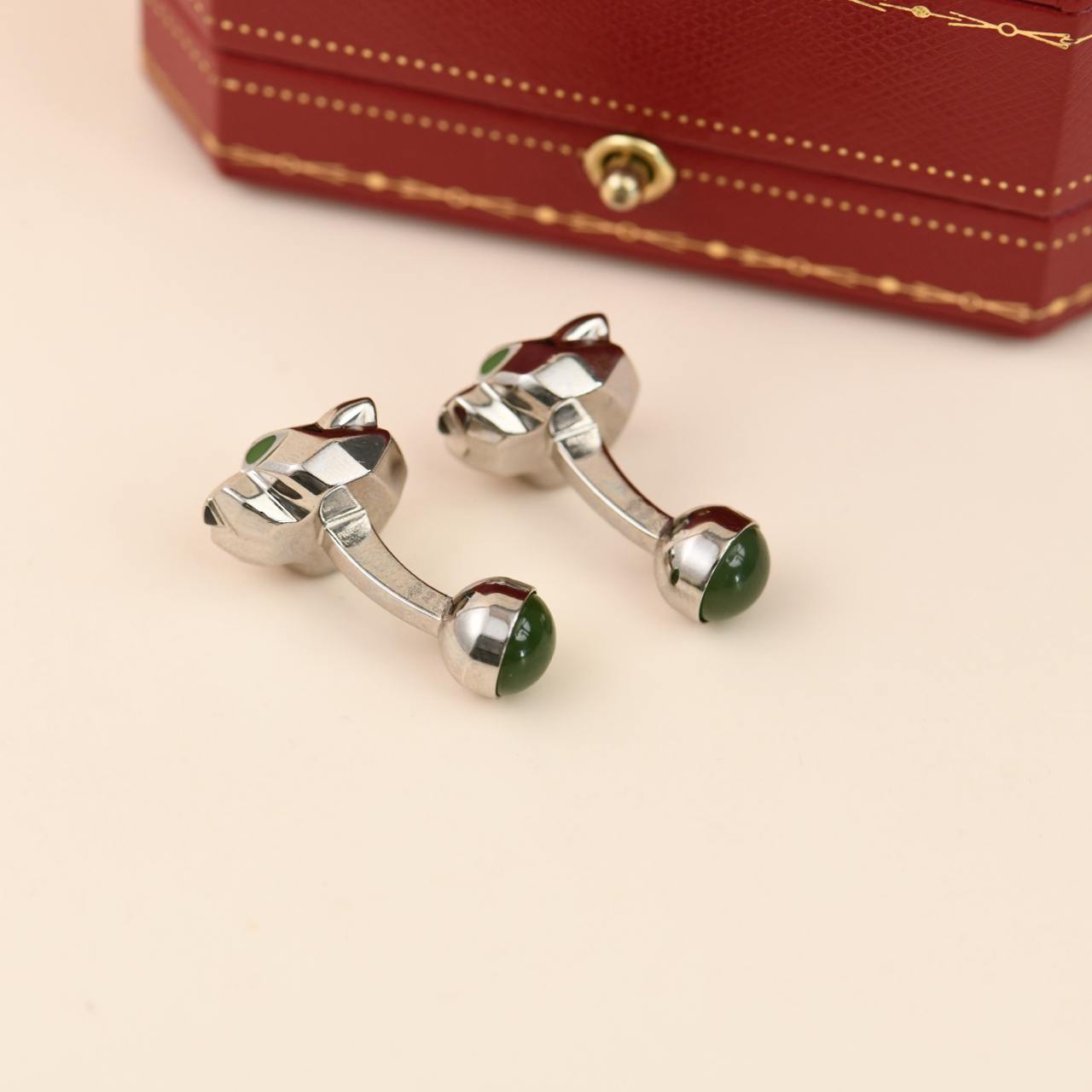 Cartier Panthère Green Jade Lacquer Sterling Silver Cufflinks
