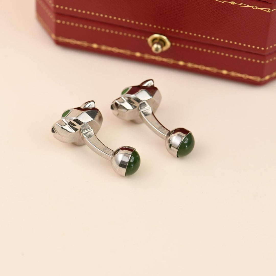 Cartier Panthère Green Jade Lacquer Sterling Silver Cufflinks