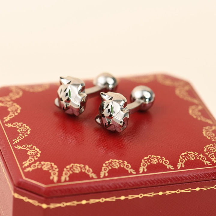Cartier Panthère Green Jade Lacquer Sterling Silver Cufflinks