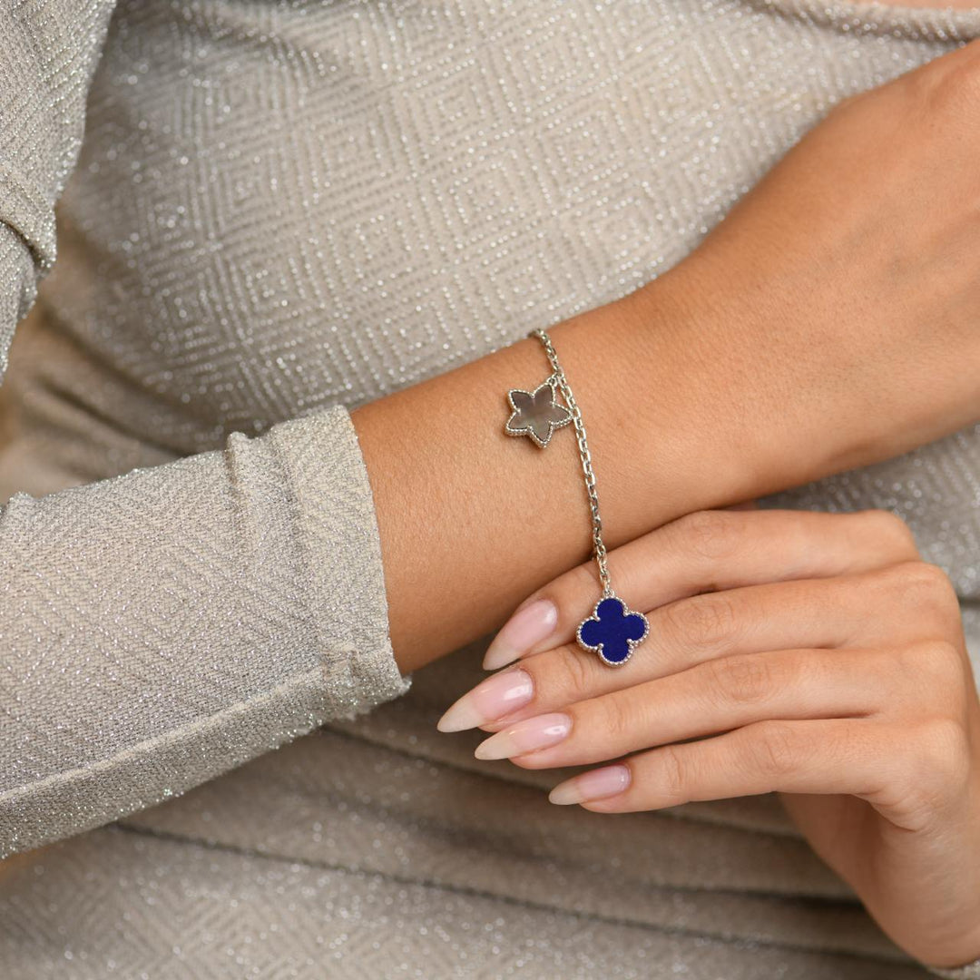 Van Cleef & Arpels Lucky Alhambra Turquoise Pearl Lapis Lazuli 18K White Gold Bracelet