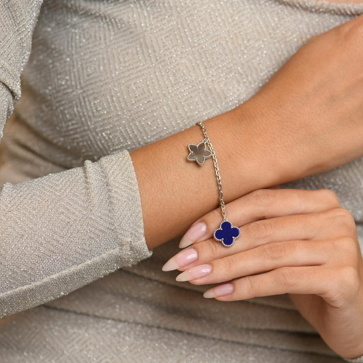 Van Cleef & Arpels Lucky Alhambra Turquoise Pearl Lapis Lazuli 18K White Gold Bracelet