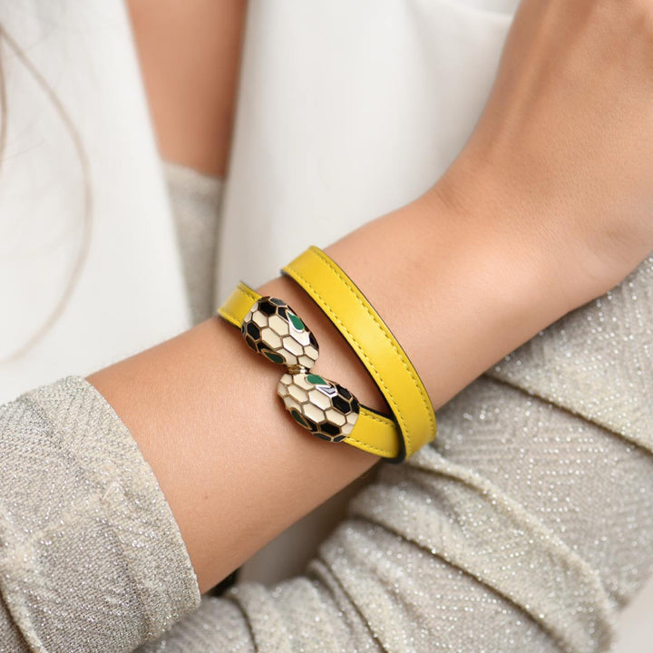 Bvlgari Serpenti Forever Enamel Yellow Leather Bracelet Size M