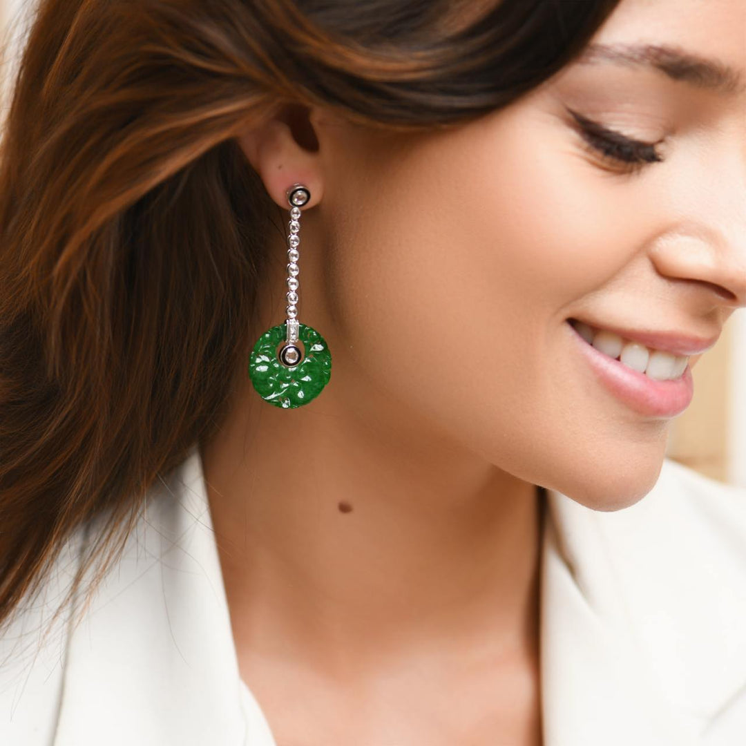 Perowned Carved Jadeite Diamond Onyx 18K White Gold Drop Earrings