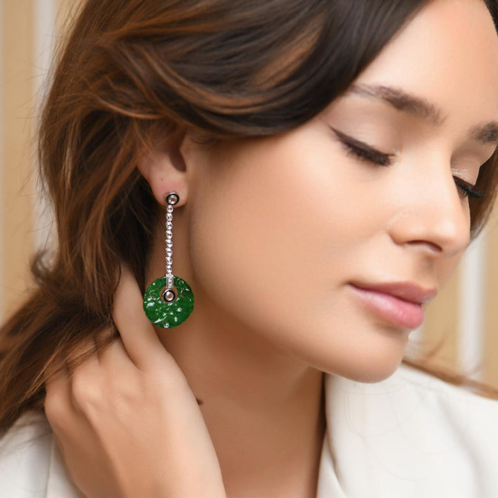 Carved Jadeite Diamond Onyx 18K White Gold Drop Earrings