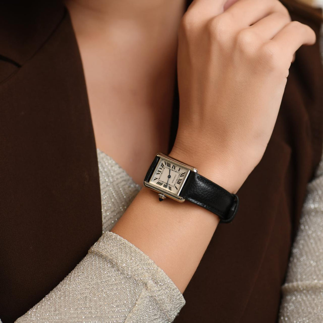 Second Hand Cartier Tank Must Silver Black Leather Watch WSTA0042