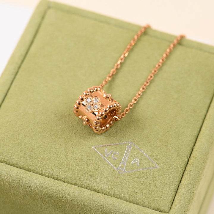 Preowned Van Cleef Perlée Clovers Diamond 18K Rose Gold Pendant