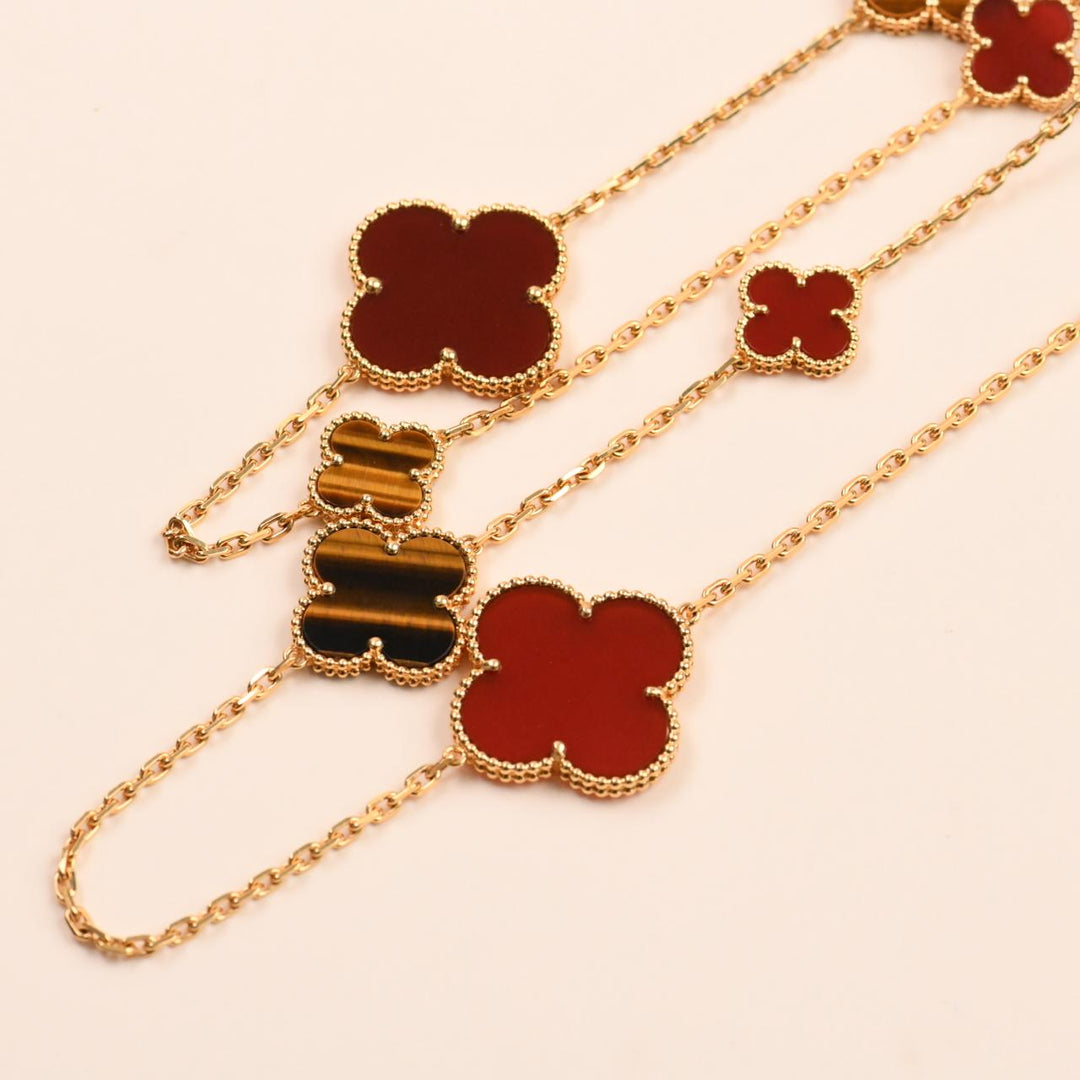 Van Cleef Magic Alhambra 16 Motif Carnelian Tiger's Eye Necklace