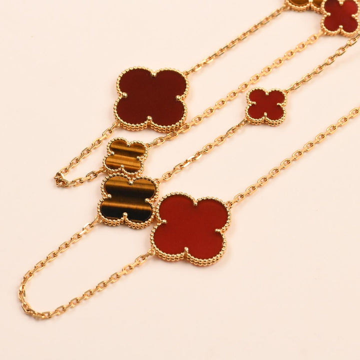 Van Cleef Magic Alhambra 16 Motif Carnelian Tiger's Eye Necklace