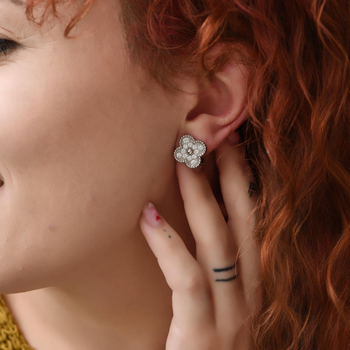 Preowned Authentic Van Cleef & Arpels Vintage Alhambra Pave Diamond Earrings 18K White Gold