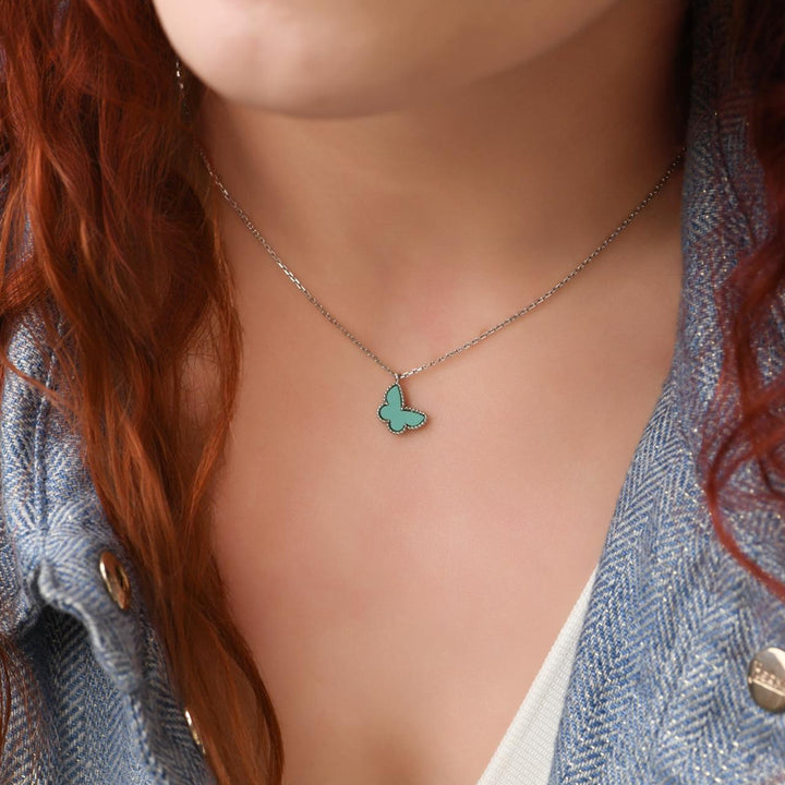 Preloved Authentic VCA Sweet Alhambra Turquoise Butterfly 18K White Gold Necklace
