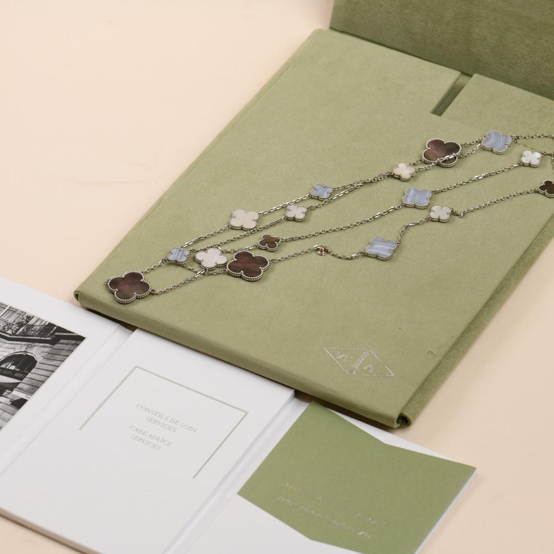 reowned Authentic Full set Van Cleef & Arpels Magic Alhambra 16 Motif Necklace in Chalcedony and Mother of Pearl