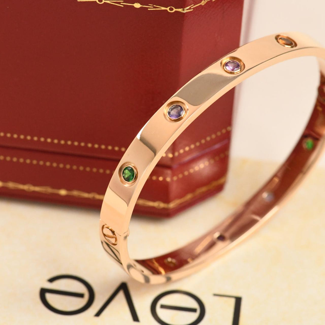 Authentic Preowned Cartier Love Rainbow Multi Gem Bracelet 18K Rose Gold Size 17