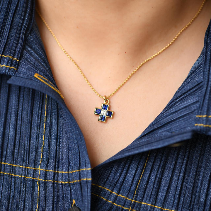 Authentic Bvlgari Vintage Sapphire and Diamond Greek Cross Pendant 18K Yellow Gold