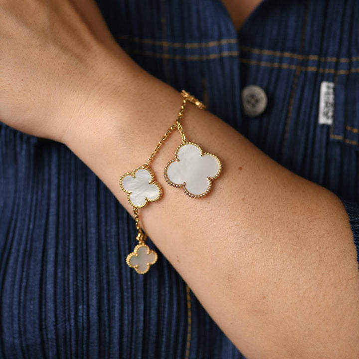 Authentic VCA Magic Alhambra 5 Motifs Bracelet Mother of Pearl 18K Yellow Gold