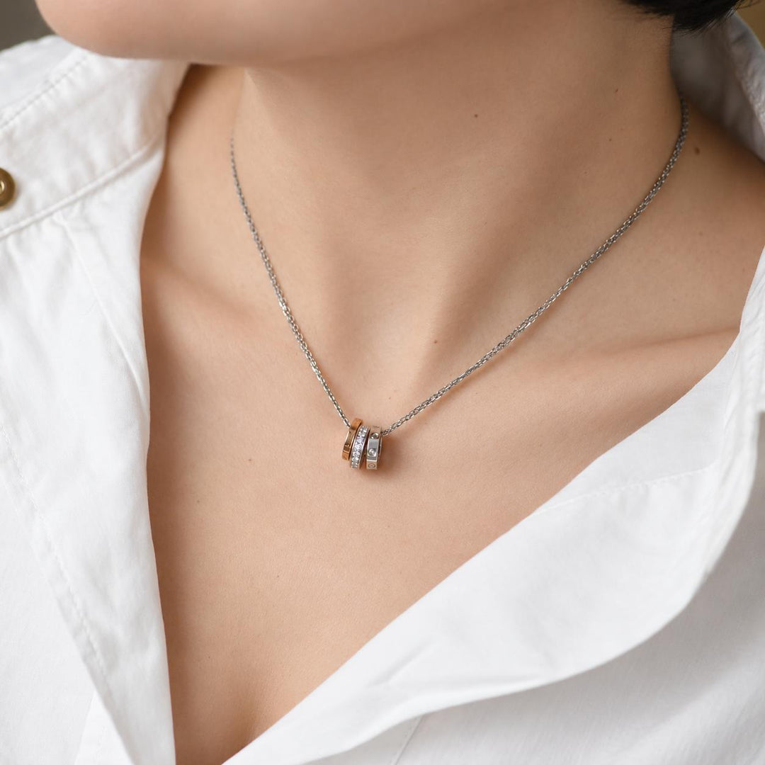 Cartier Love Necklace Three Hoop Diamond 18K Rose White Gold