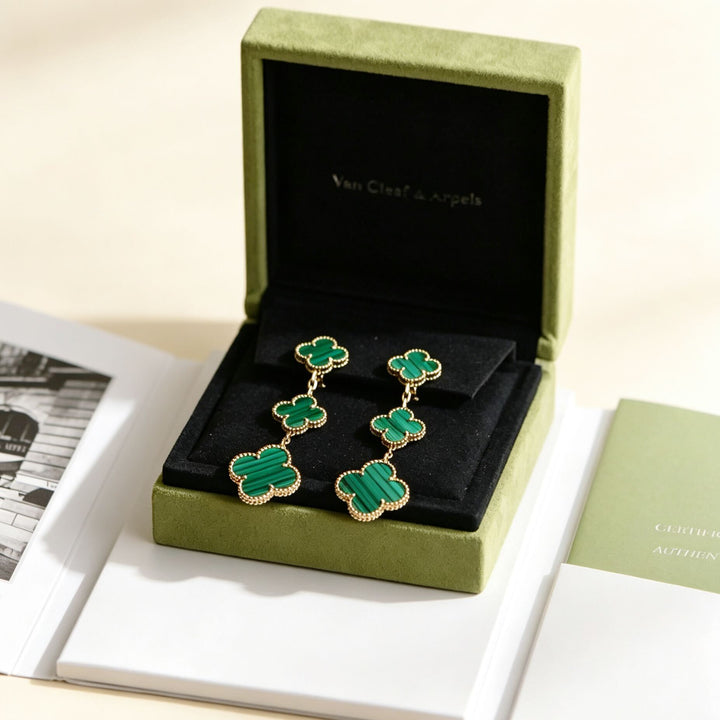 Authentic Preloved Full set Van Cleef & Arpels Magic Alhambra Malachite 3 Motifs Earrings