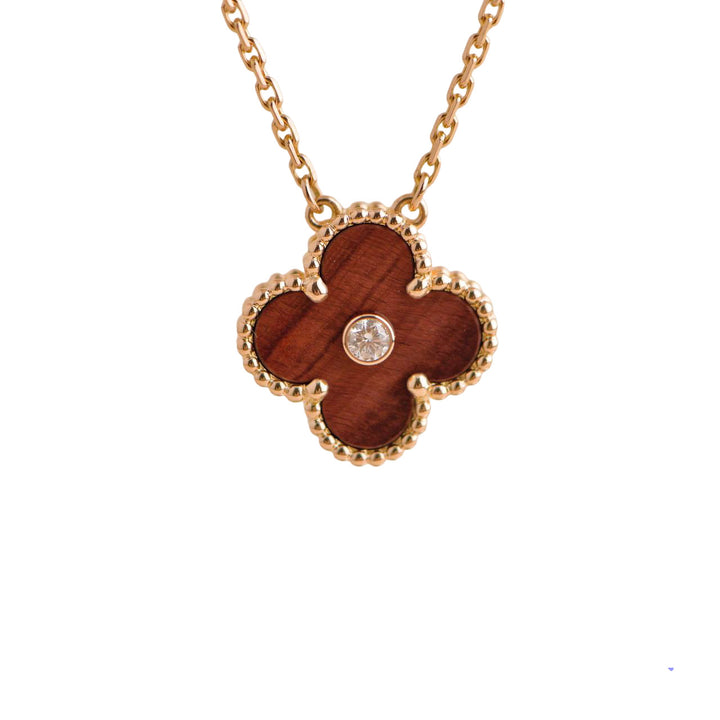 Pre-loved Van Cleef & Arpels Vintage Alhambra Bois d’Amourette Letterwood Diamond Pendant Necklace