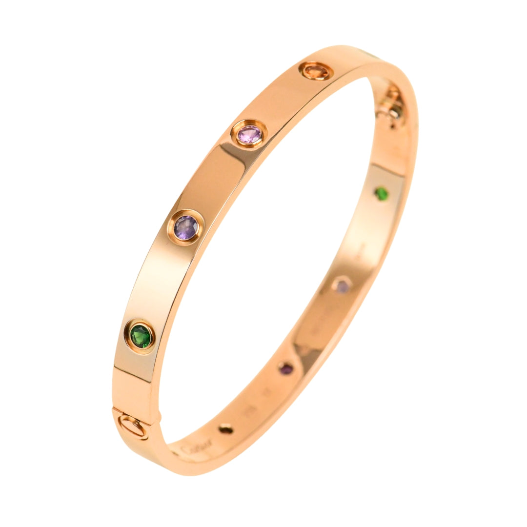 Preowned Full Set Authentic Cartier Love Rainbow Multi Gem Bracelet 18K Rose Gold Size 17