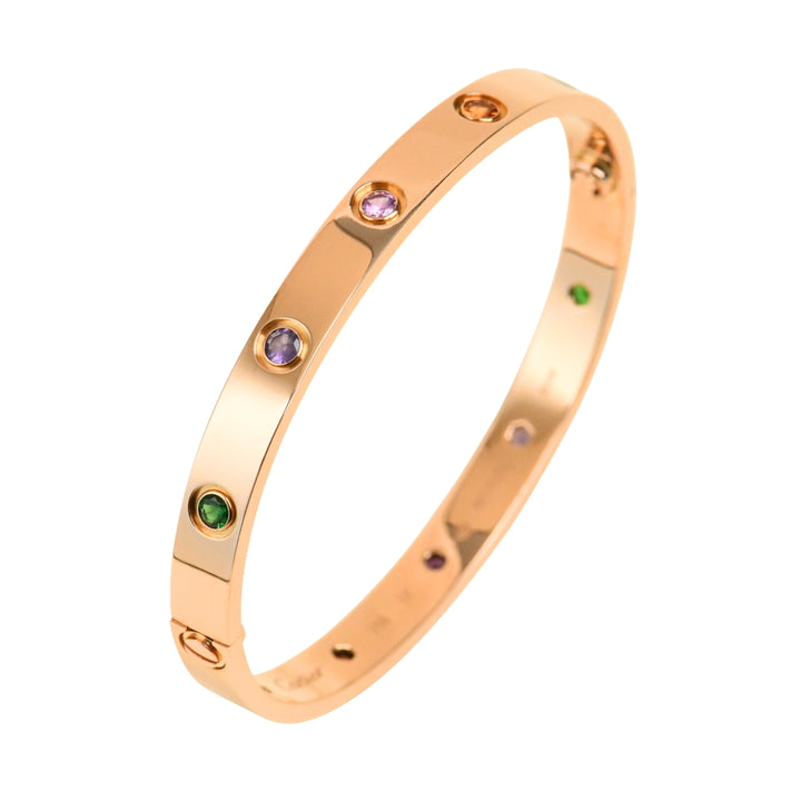 Preowned Full Set Authentic Cartier Love Rainbow Multi Gem Bracelet 18K Rose Gold Size 17