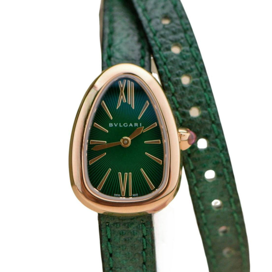 Preloved Bvlgari Serpenti Twist 18k Rose Gold Green Leather Quartz Wristwatch