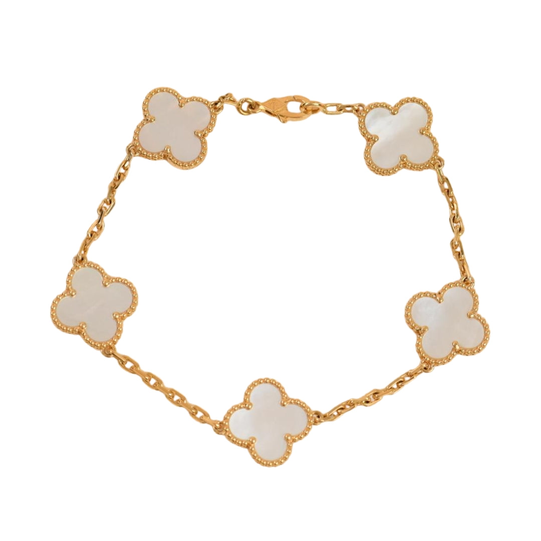 Van Cleef & Arpels Vintage Alhambra 5 Motif Mother of Pearl Bracelet 18K Yellow Gold