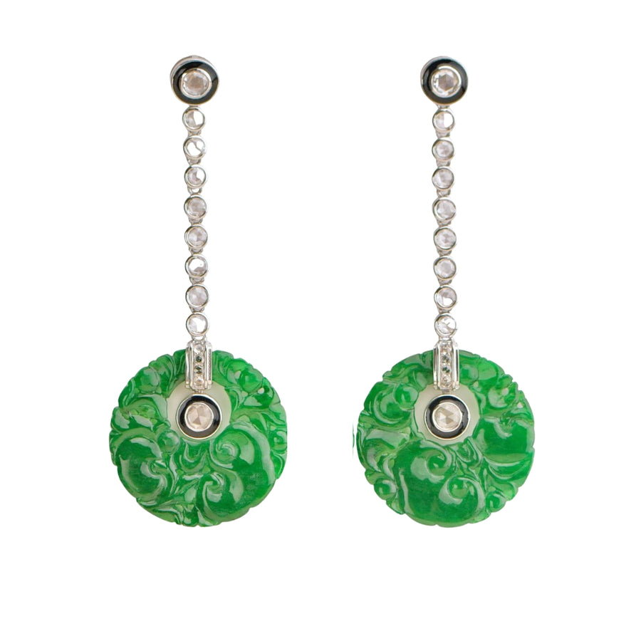 natural Jadeite Diamond Onyx 18K White Gold Earrings