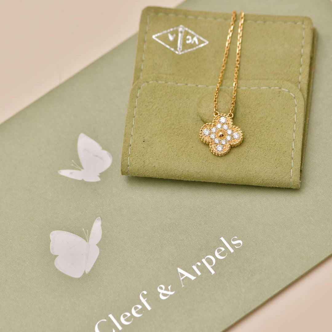 Authentic Preowned Van Cleef & Arpels Vintage Alhambra Necklace Pavé Diamond 18K Yellow Gold