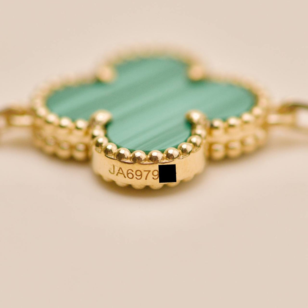 Second Hand Authentic VCA Vintage Alhambra 5 Motif Malachite Bracelet 18K Yellow Gold