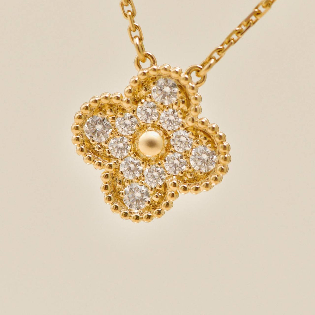 Authentic Preowned VCA Vintage Alhambra Necklace Pavé Diamond 18K Yellow Gold