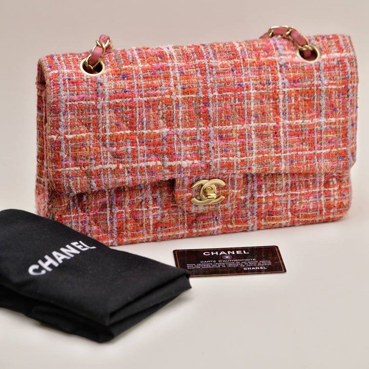 Preowned Authentic Full set Chanel Double Flap Pink Tweed Quilted Bag