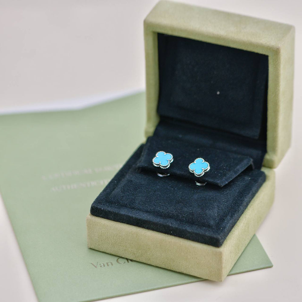 Preowned Van Cleef & Arpels Sweet Alhambra Turquoise 18K White Gold Earrings