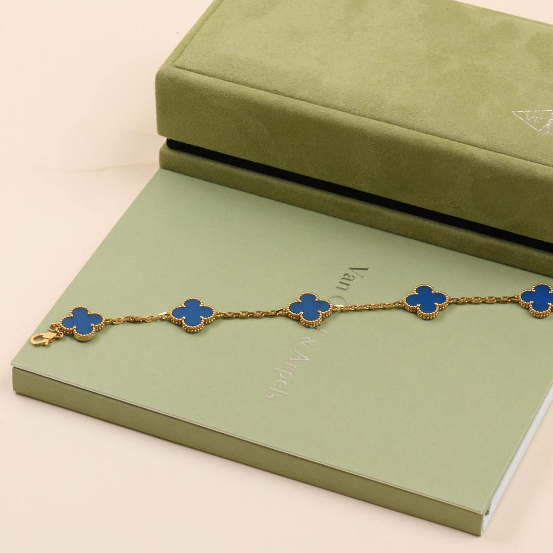 Preloved Van Cleef Vintage Alhambra Blue Agate 18K Yellow Gold Bracelet
