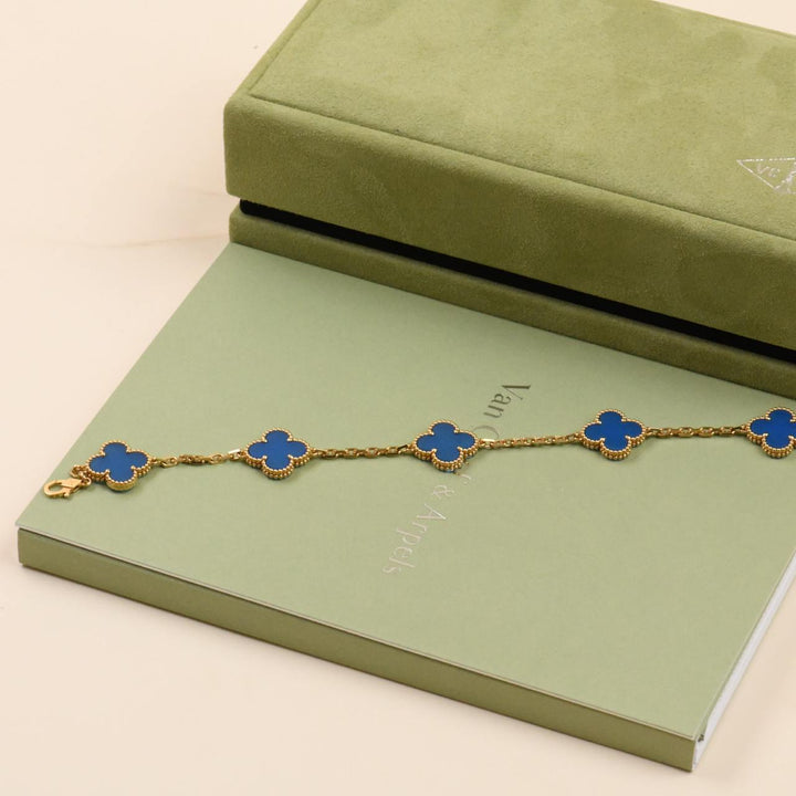 Preloved Van Cleef Vintage Alhambra Blue Agate 18K Yellow Gold Bracelet