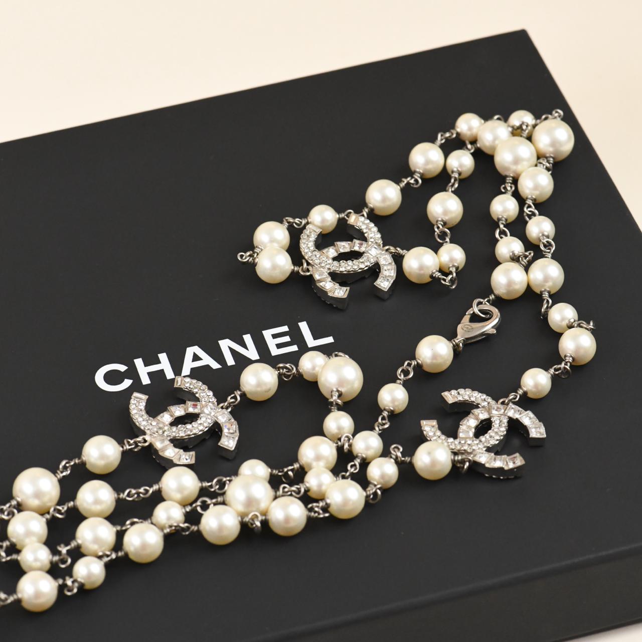 Chanel CC Sautoir Necklace Faux Pearl Crystal Three Logos