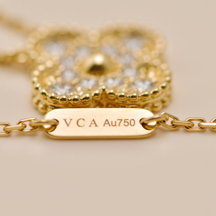 Authentic Used VCA Vintage Alhambra Necklace Pavé Diamond 18K Yellow Gold