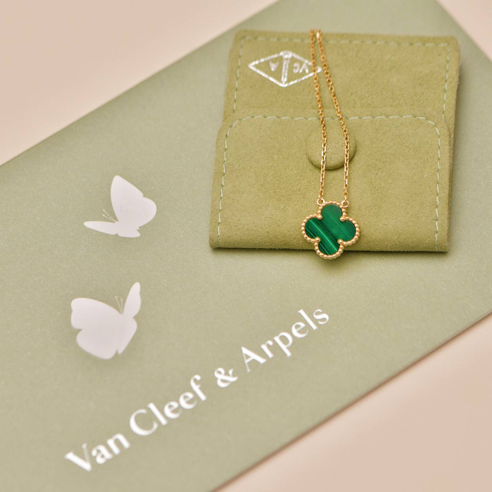 Preowned Authentic Full set Van Cleef & Arpels Vintage Alhambra Malachite Necklace 18K Yellow Gold