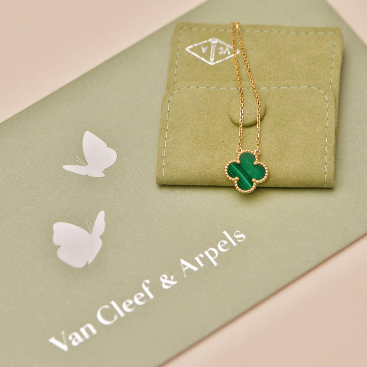 Preowned Authentic Full set Van Cleef & Arpels Vintage Alhambra Malachite Necklace 18K Yellow Gold