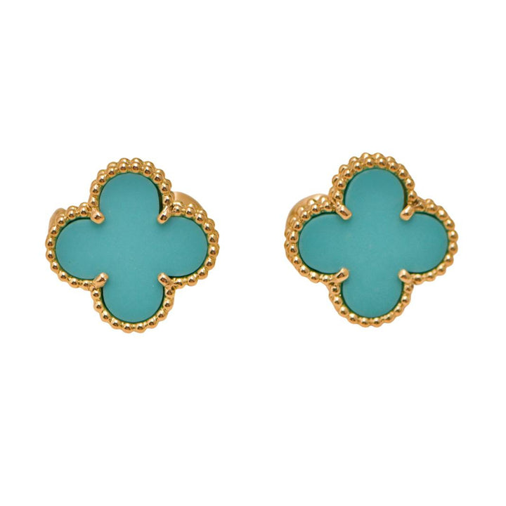 Authentic Second Hand Full set Van Cleef & Arpels Vintage Alhambra Turquoise Earrings 18K Yellow Gold