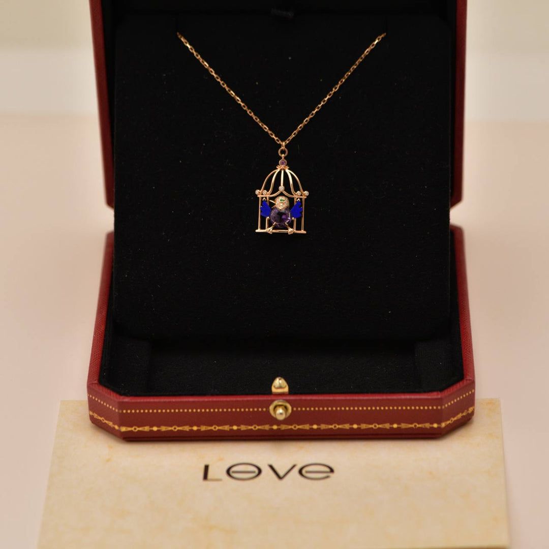 Preloved Authentic Full set Cartier Free As A Bird Necklace Diamond, Amethyst, Lapis Lazuli & Peridot, 18K Rose Gold