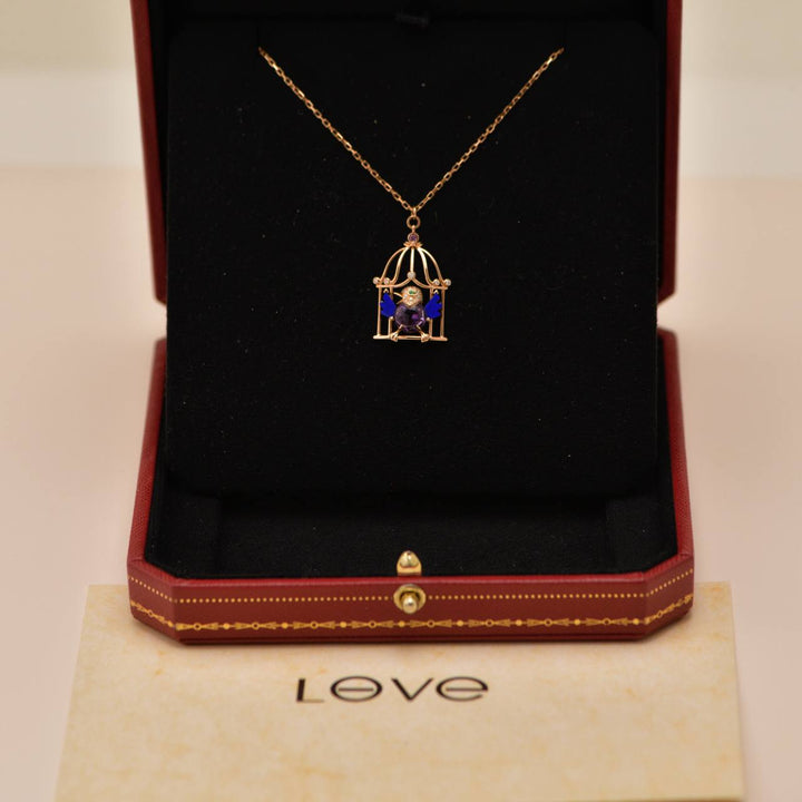 Preloved Authentic Full set Cartier Free As A Bird Necklace Diamond, Amethyst, Lapis Lazuli & Peridot, 18K Rose Gold