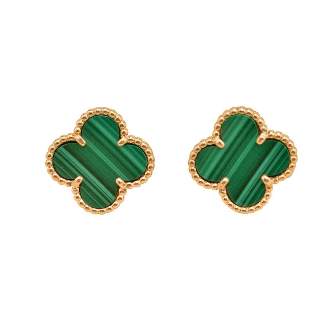 Full set Authentic Preloved Van Cleef & Arpels Vintage Alhambra Malachite Earrings 18K Yellow Gold