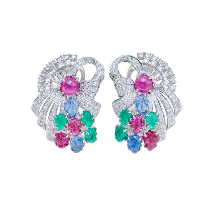 Tutti Frutti Ruby, Emerald & Sapphire Carved Gemstone Diamond Clip Earrings in White Gold