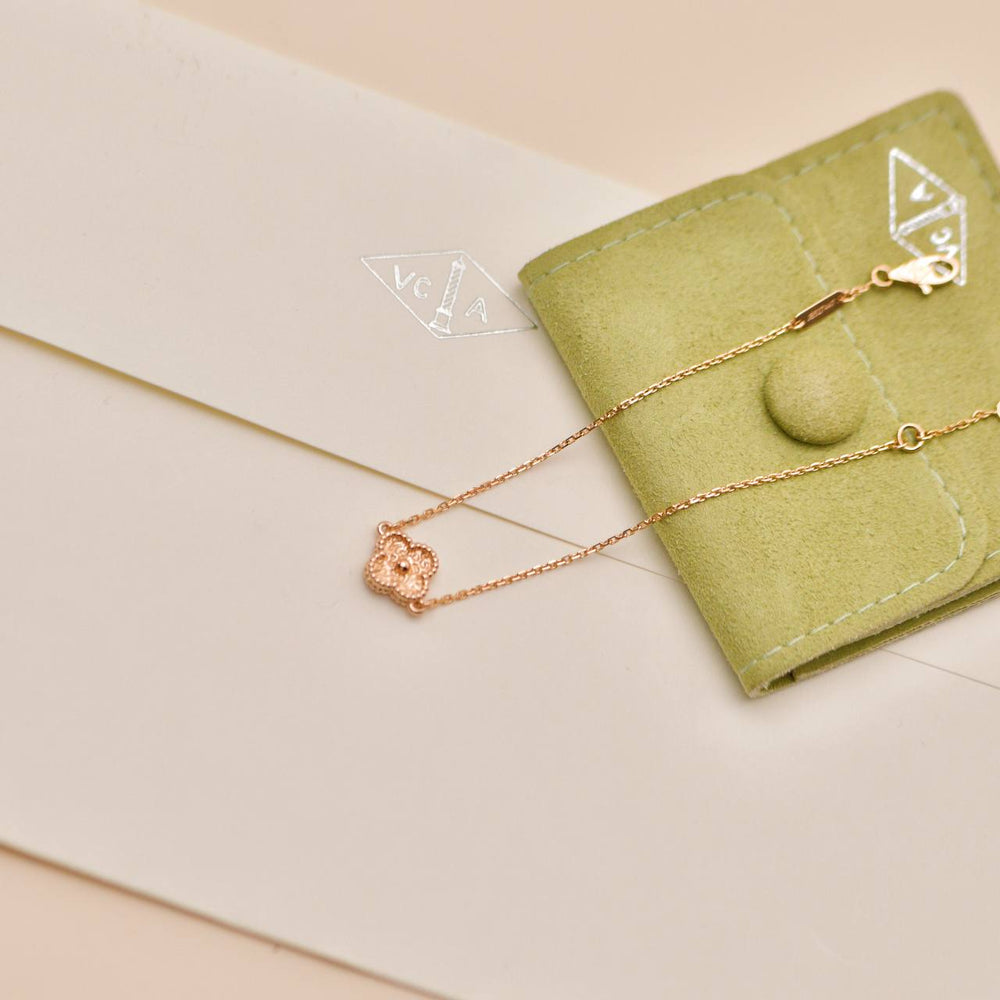 Preloved Authentic Full set Van Cleef Sweet Alhambra 18K Hammered Rose Gold Motif Bracelet