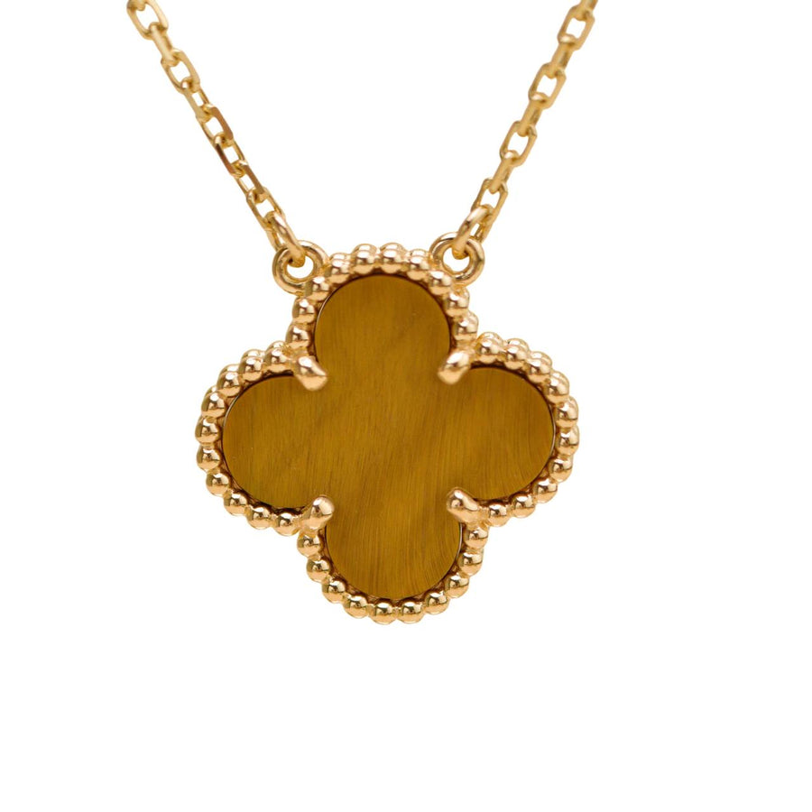 Authentic Second hand Full set Van Cleef Vintage Alhambra Tiger’s Eye Pendant Necklace in 18K yellow gold